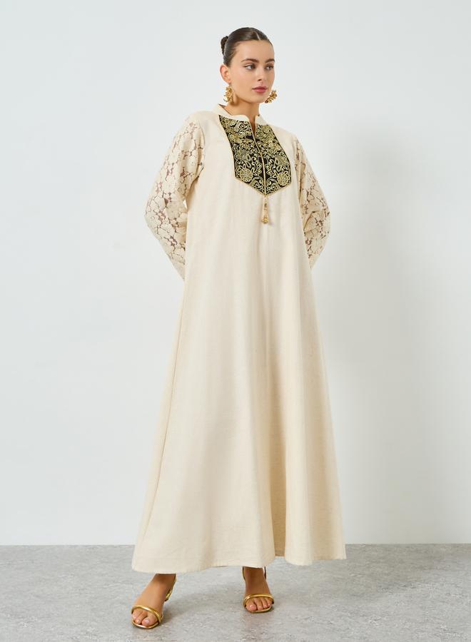 Maxim Creation Cream Cotton Embroidered A-Line Jalabiya - Image 2